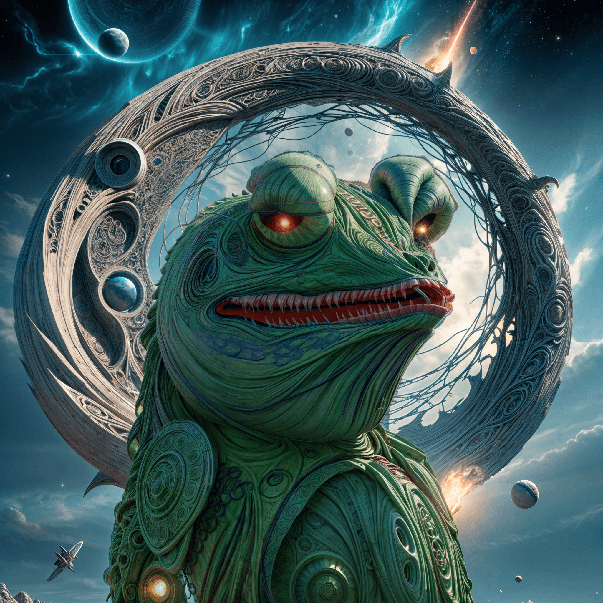 AIFROGZ character framed by a futuristic cosmic portal