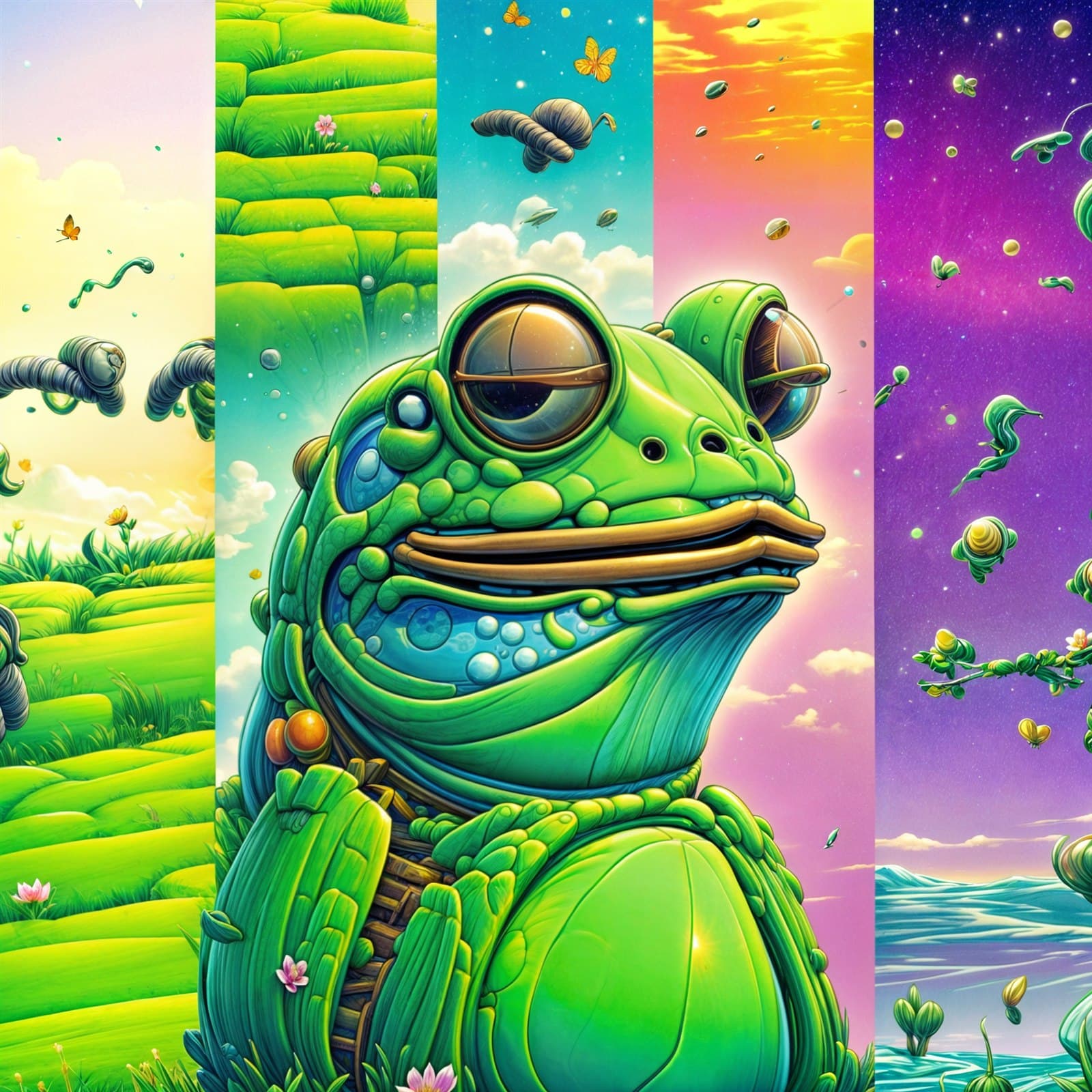 AIFROGZ character surrounded by vivid imagined worlds