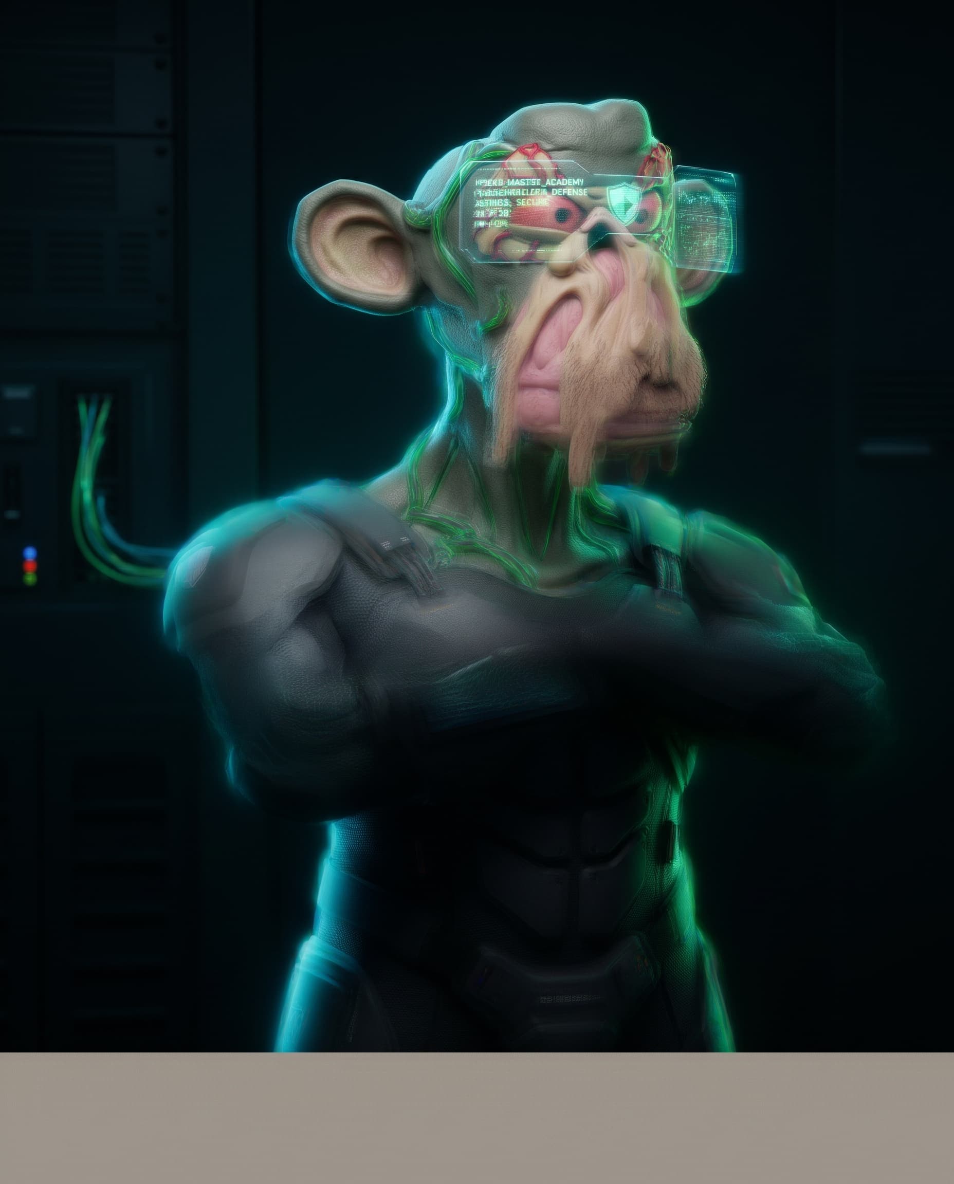 MAYC number 7883 wearing futuristic cyber-security visor technology